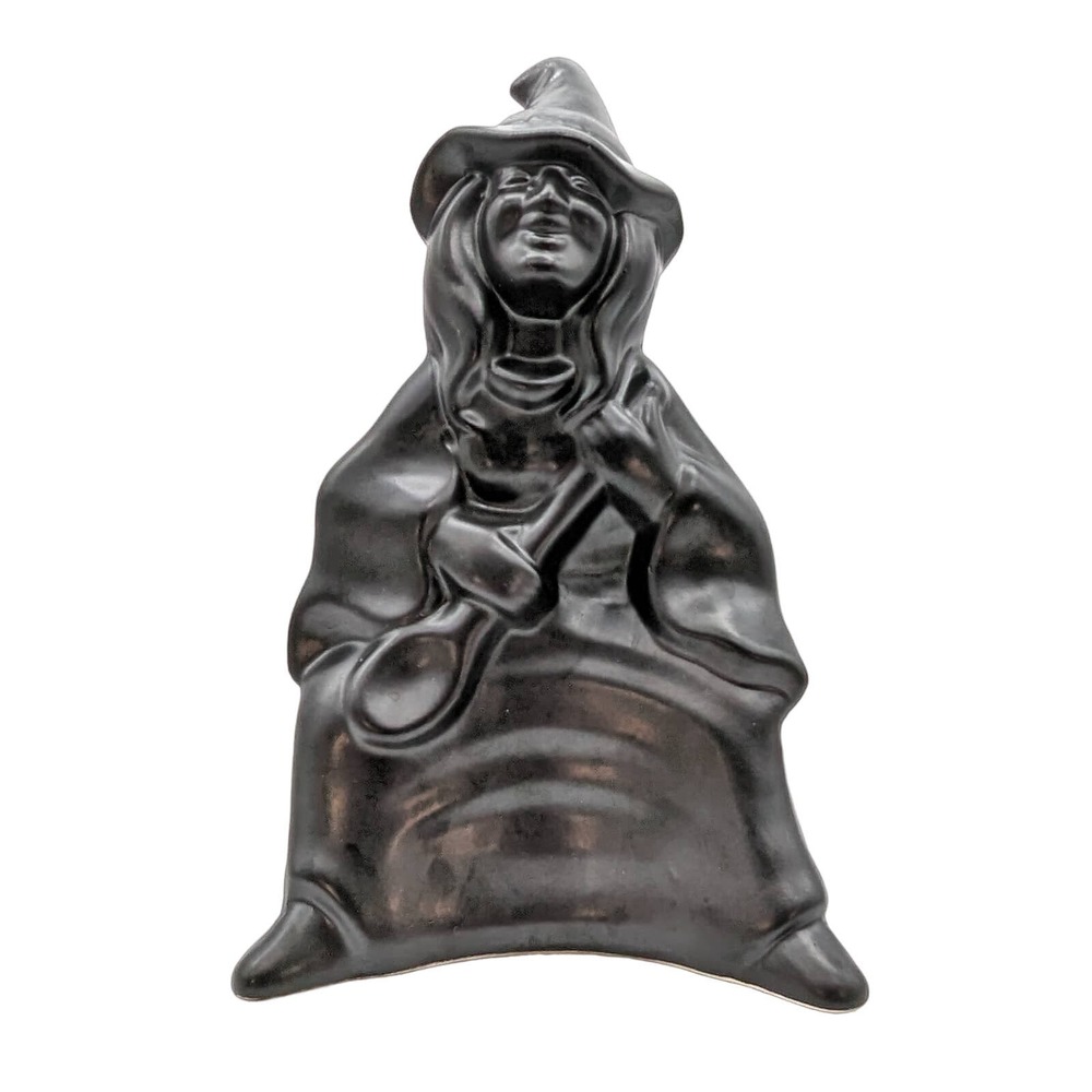 Vintage Witch w Spoon Matte Black Ceramic for Halloween Cauldron/Candy Dish